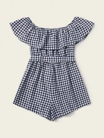 Ruffle Detail Belted Gingham Romper | SHEIN USA