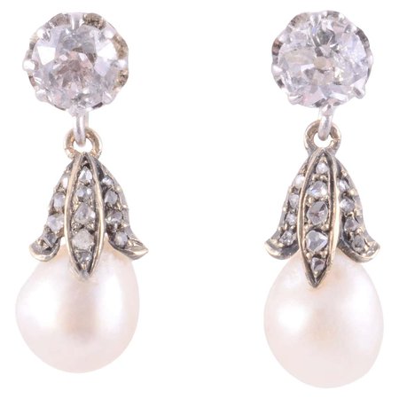 Natural Pearl Diamond Drop Earrings For Sale at 1stDibs