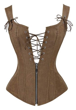 Charmian Women's Renaissance Lace Up Vintage Boned Bustier Corset with Garters Brown XX-Large at Amazon Women’s Clothing store: