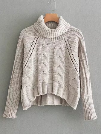 Pointelle Detail Turtleneck Cable Knit Sweater