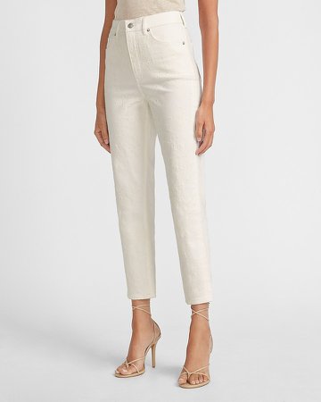 Super High Waisted Off-White Embroidered Mom Jeans
