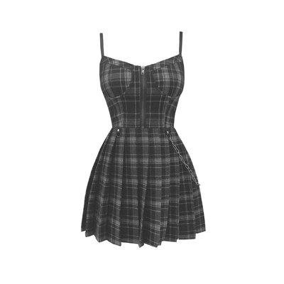Gothic Gray Black Plaid Sling Strap Pleated Mini Dress – ROCK 'N DOLL