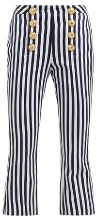 Striped Cotton Twill Kick Flare Trousers - Womens - Navy White