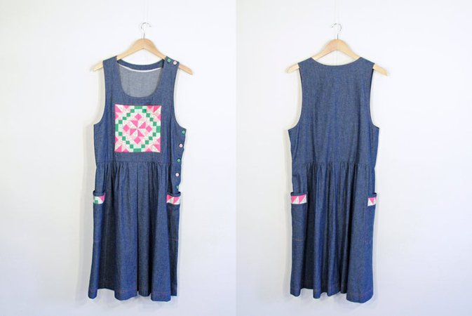 Denim Quilted Jumper Dress blue jean / green pink cotton | Etsy
