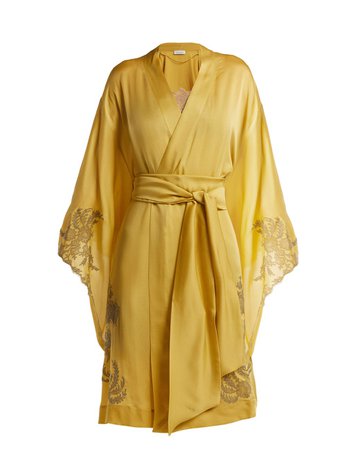 Carine Gilson Women's Yellow Lace Detailed Silk Satin Kimono Robe