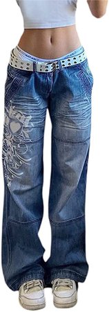 Indie Aesthetics Jeans for Women Gothic Punk Wide Leg Long Length Denim Pants Y2k Loose Casual Jeans Streetwear (Blue-F, S) at Amazon Women's Jeans store