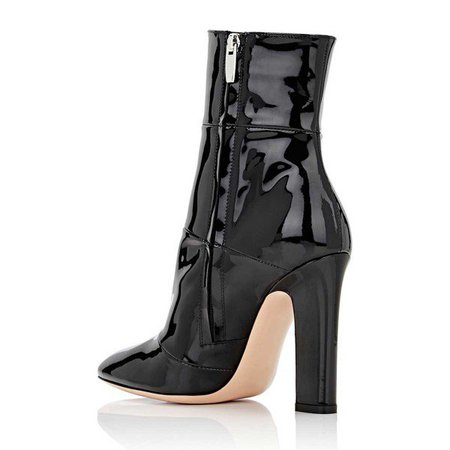 Black Chunky Heel Boots Patent Leather Pointy Toe Ankle Booties for Work, Big day, Going out | FSJ