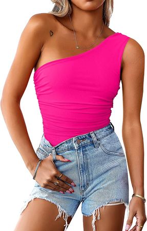 ANRABESS Women 2023 Summer Sleeveless Sexy One Shoulder Mesh Solid Tank Top Bodysuit Jumpsuits 845meihong-M at Amazon Women’s Clothing store