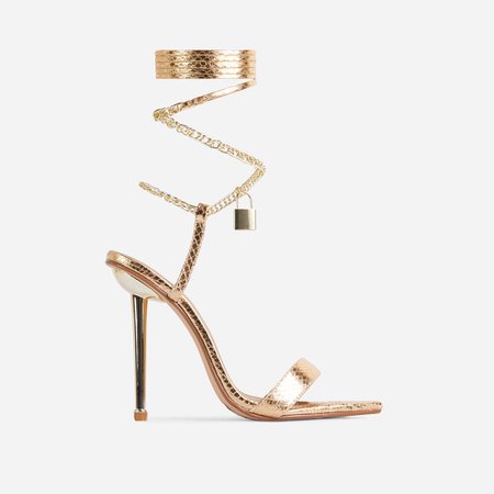 Luxe-Vibes Chain Padlock Detail Lace Up Pointed Toe Heel In Gold Snake Print Faux Leather | EGO