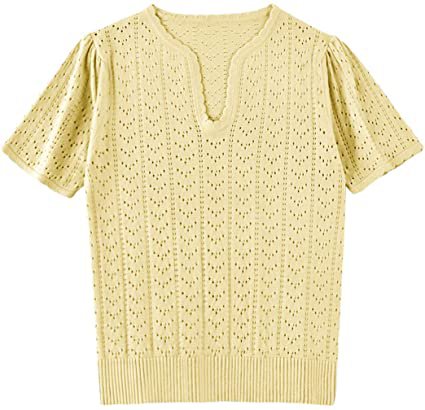 Womens Spring Short Sleeve Sweater Shirt V Neck Lightweight Tops Cotton Knit Pointelle Shirts Loose Soft Pullover Sweaters at Amazon Women’s Clothing store