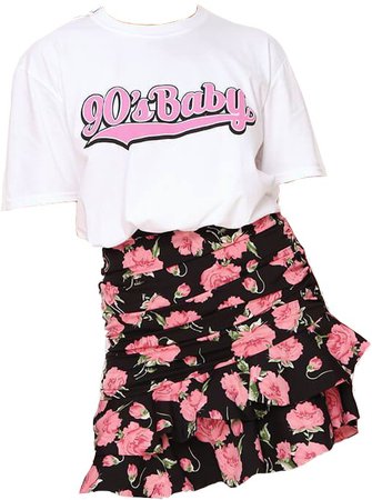 i saw it first white 90’s baby top & black floral frill skirt