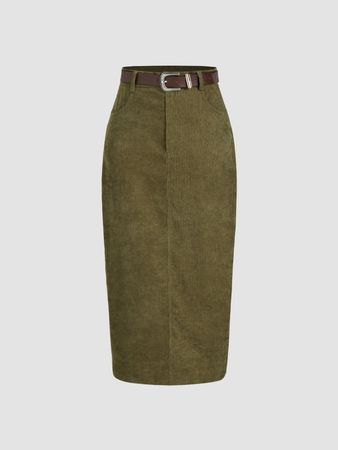 Solid Corduroy Skirt With Belt - Cider