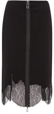 Zip Up Lace Trim Wool Pencil Skirt - Womens - Black