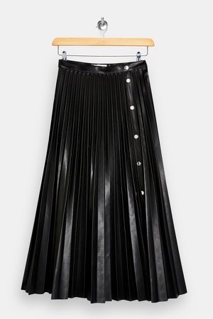 Black PU Pleated Midi Skirt