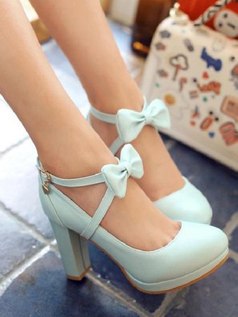 Pale Blue Round Toe Chunky Platform Pumps Bow Cross Strap Sweet Wedding Prom High-Heeled Shoes - Pumps/Heels - Shoes