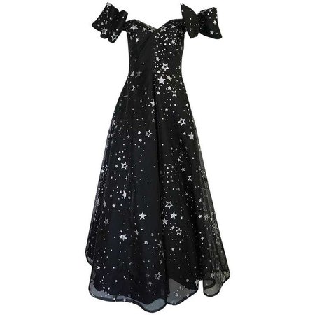 1986 Murray Arbeid Silver Glitter Stars and Bows Ballgown Dress For Sale at 1stdibs