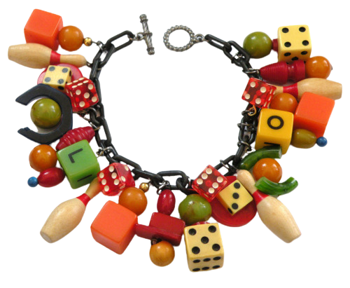 1940s Charm bracelet made from wood, bakelite, and metal. Charms