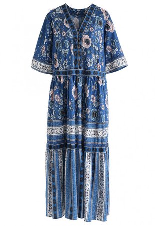 Boho Blossom Buttoned Maxi Dress in Blue - NEW ARRIVALS - Retro, Indie and Unique Fashion