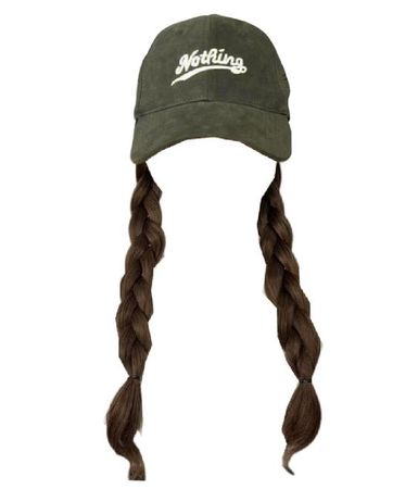 long brown hair braids braided pigtails olive army green dad baseball hat