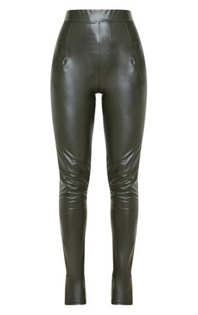 Khaki Faux Leather Split Hem Skinny Trouser | PrettyLittleThing