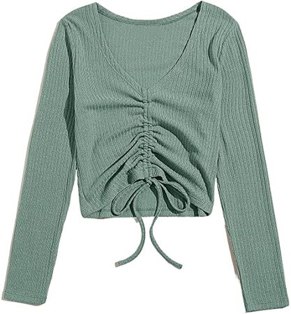 SweatyRocks Women's Long Sleeve V Neck Crop Top Drawstring Ruched Tee Shirt Black M at Amazon Women’s Clothing store