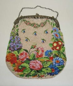 Antique Edwardian Micro Bead Rose Floral Wreath Beaded Handbag Purse
