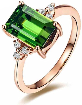 Fashion Gemstone Green Tourmaline Emerald Cut 14K Rose Gold Engagement Women's Diamond Band Ring Set | Amazon.com