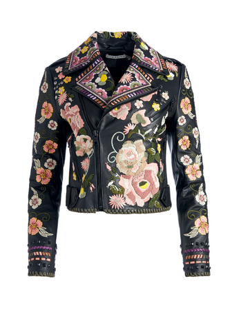 flower embroidered leather jacket