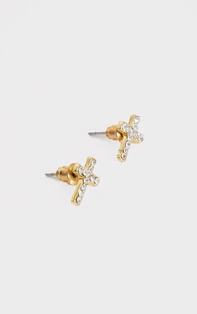 Gold Diamante Cross Earrings | PrettyLittleThing USA