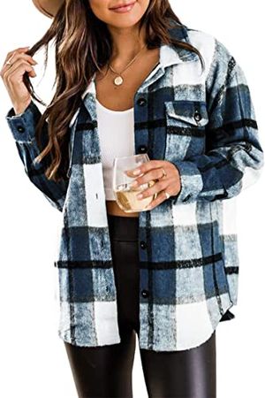 Amazon.com: Blansdi Women’s Casual Plaid Flannel Shacket Jacket Oversized Button Down Long Sleeve Fall Shirt Jacket Coat Tops Blue : Clothing, Shoes & Jewelry
