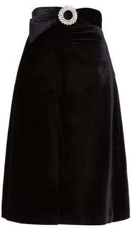 Crystal Buckle Front Slit Velvet Skirt - Womens - Black