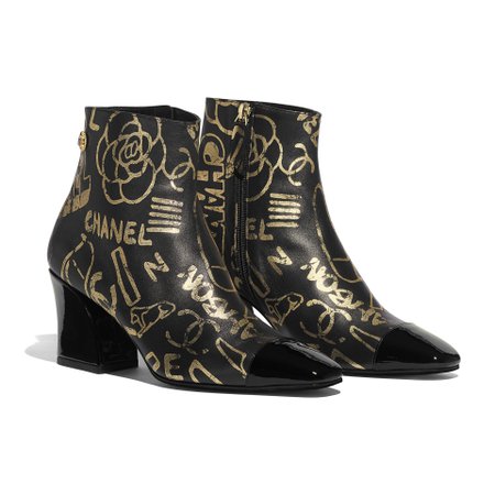 Printed Lambskin & Patent Calfskin Gold & Black Ankle Boots | CHANEL