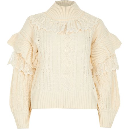 Cream lace frill high neck cable knit jumper | River Island