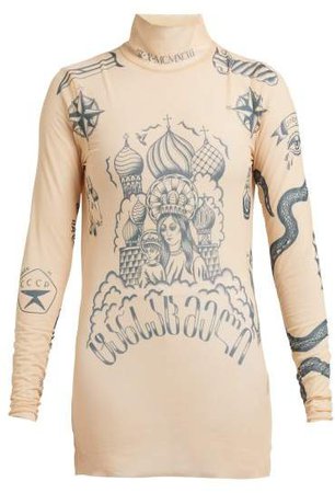 Tattoo Print Mesh Top - Womens - Nude