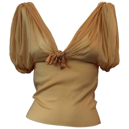 Christian Dior Mustard Colored Silk Ruched Sleeveless Blouse with Ties - S For Sale at 1stdibs