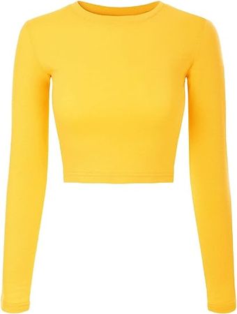 Design by Olivia Women's Solid Long Sleeve Round Neck Crop T Shirt Top Yellow S at Amazon Women’s Clothing store