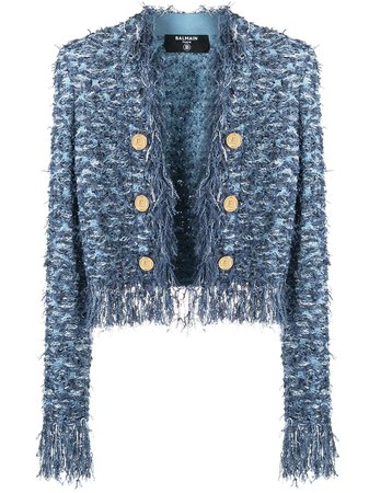 Balmain fringed tweed blazer blue VF0SK040K260 - Farfetch