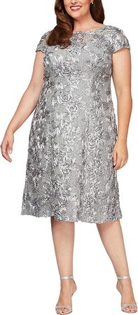 Alex Evenings Women's Plus Size Tea Length Dress with Rosette Detail at Amazon Women’s Clothing store