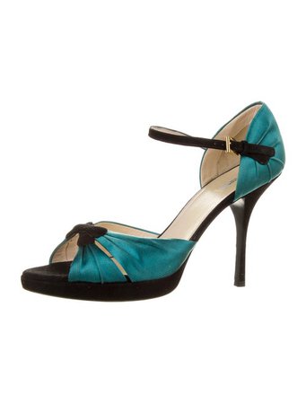Prada teal contrasting bow satin black accents D'Orsay Pumps - Blue Pumps, Shoes - PRA486657 | The RealReal