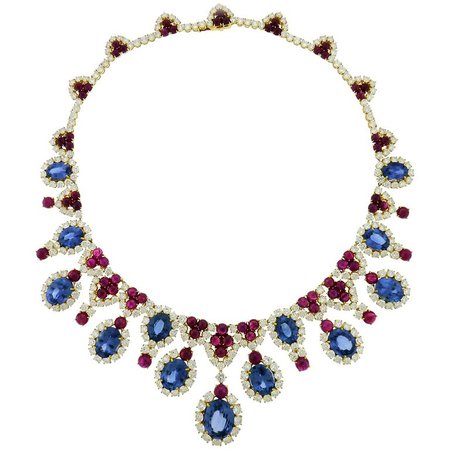 Diamond, Sapphire and Ruby 18 Karat White Gold Fringe Necklace by Bulgari