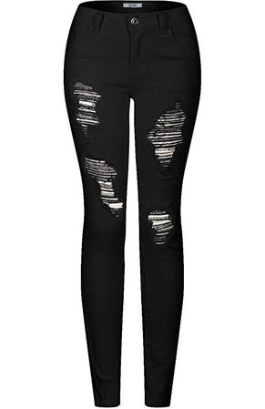 2LUV Women's Stretchy 5 Pocket Destroyed Ripped Black Skinny Jeans Black 15 at Amazon Women's Jeans store