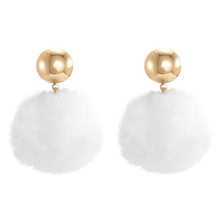 Pom Pom Drop Earrings, Gold Statement Fluffy Pom Dangle Earrings, White: Clothing