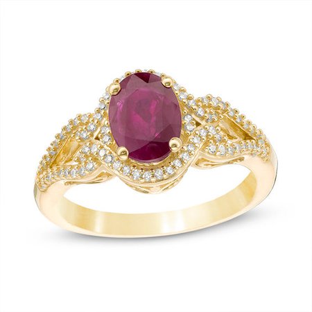 Oval Ruby and 1/5 CT. T.W. Diamond Frame Scrolling Split Shank Ring in 10K Gold | Halo Engagement | Wedding | Zales