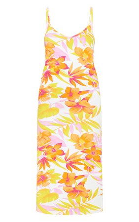 White Tropical Print Jersey Split Midi Dress | PrettyLittleThing USA