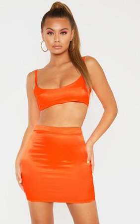Neon Orange Satin High Waisted Mini Skirt | PrettyLittleThing