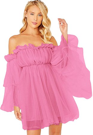 Romwe Women's Romantic Off Shoulder Flounce Long Sleeve Wedding Ruffle Mesh Party Mini Dress Baby Pink M at Amazon Women’s Clothing store