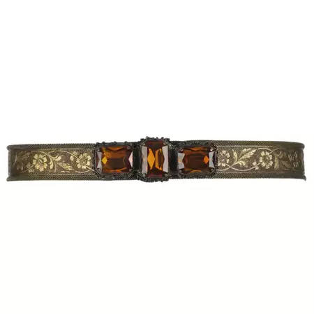 VICTORIAN REVIVAL c.1930's Bronze Floral Metal Mesh Amber Quartz Jeweled Belt For Sale at 1stDibs | quartz belt, victorian belt, jeweled belts