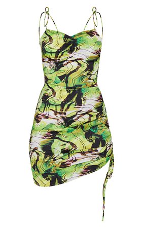 Green Swirl Print Tie Strap Ruched Bodycon Dress | PrettyLittleThing USA