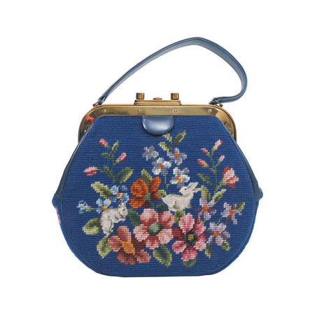 blue needlepoint embroidered bag