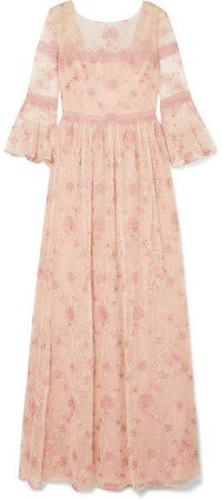 Lace-trimmed Embroidered Point D'esprit Tulle Gown - Blush